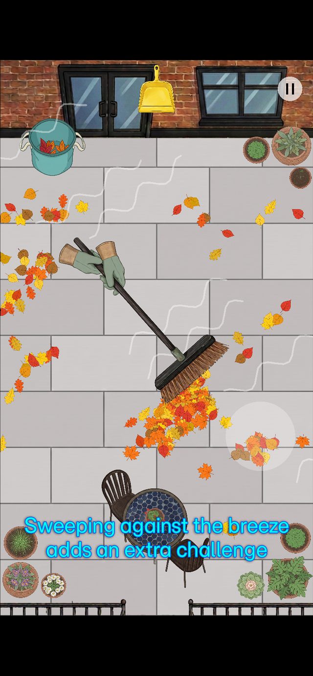 Leaf Sweep gameplay with wind scattering leaves across the patio